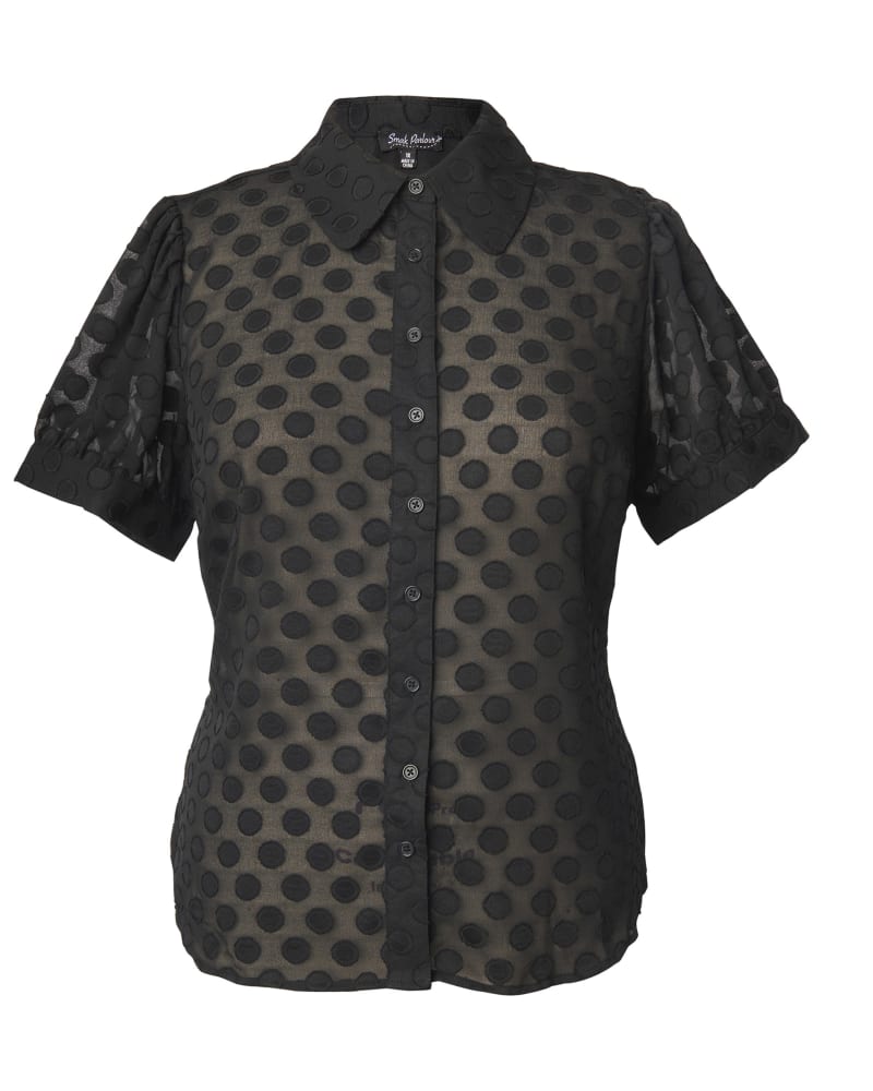 Front of a size XL Smak Parlour Sheer Black Dot Puff Sleeve Blouse in Black by Smak Parlour. | dia_product_style_image_id:299052